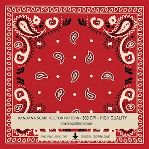 Könnte beinhalten: Rotes Bandana-Schal-Vektormuster mit weißem Paisley-Design und weißem Rand. Der Text "BANDANA SCARF VECTOR PATTERN - 300 DPI - HIGH QUALITY" wird unten im Bild zusammen mit "textilepatternstore" und "DIGITAL DOWNLOAD" angezeigt.