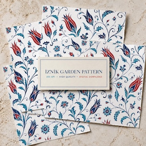 May include: A digital download featuring an Iznik garden pattern with red and blue tulips and floral vines on a white background. A rectangular label in the center displays the text: IZNIK GARDEN PATTERN, 300 DPI, HIGH QUALITY, DIGITAL DOWNLOAD.