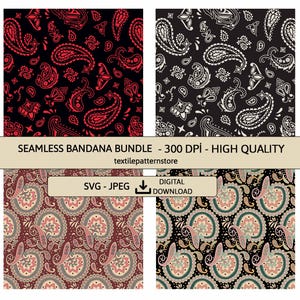 Bohemian Folk Paisley Bandana Pattern Bundle, SVG, JPG, Seamless Digital Papers, Printable Scrapbook Paper Instant Download, Commercial Use