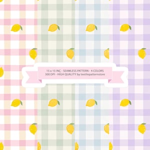 Seamless Lemon Gingham Pattern Bundle, Pastel Summer Fruit Digital Paper (15x15 inches)