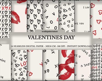 Valentines Seamless Pattern Bundle, Hearts, Kisses (Digital Download)
