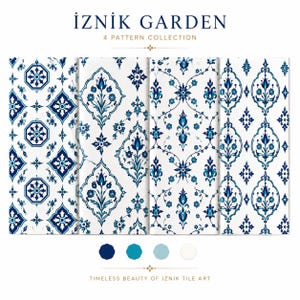 Op de afbeelding: Vier rechthoekige tegels met blauw-witte bloemmotieven, gelabeld als Iznik Garden 4 Pattern Collection. De ontwerpen bevatten geometrische vormen, tulpen en complexe ranken. Onder de tegels staan vier cirkelvormige kleurstaaltjes afgebeeld.