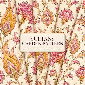 Sultan Garden, Ottoman Floral Pattern, Hand-Drawn Botanical Design (Digital Download) 12x12 Inc, 300 Dpi, Fabric Print, Commercial Use