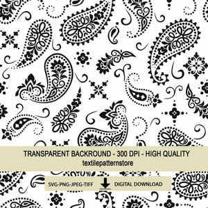 May include: A seamless black and white paisley pattern. The design features various paisley shapes, floral elements, and decorative swirls. The text "TRANSPARENT BACKROUND - 300 DPI - HIGH QUALITY textilepatternstore" is displayed. Additional text includes "SVG-PNG-JPEG-TIFF" and "DIGITAL DOWNLOAD".