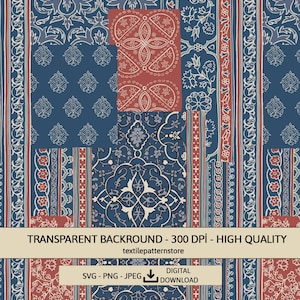 May include: A seamless pattern with a patchwork design featuring blue, red, and white floral motifs. The pattern is ideal for use as a background or for creating fabric designs.