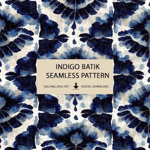 May include: A seamless indigo batik pattern in blue and white. The design has a floral motif with a tie-dye effect. The image includes the text "INDIGO BATIK SEAMLESS PATTERN" and "DIGITAL DOWNLOAD".