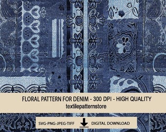 Blue Denim Patchwork Pattern, Boho Jeans Texture (Digital Download)
