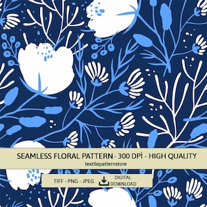 Modern Seamless Blue Flowers Background, Modern Flower Pattern, Painted Blue Floral Background, Bright Blue Floral Seamless Background, Png