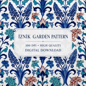 Pode incluir: Um gráfico digital com um padrão de jardim Iznik repetitivo de motivos florais azuis e verde-azulados sobre um fundo branco. Uma etiqueta central branca com uma borda decorativa exibe o texto: IZNIK GARDEN PATTERN 300 DPI HIGH QUALITY DIGITAL DOWNLOAD.