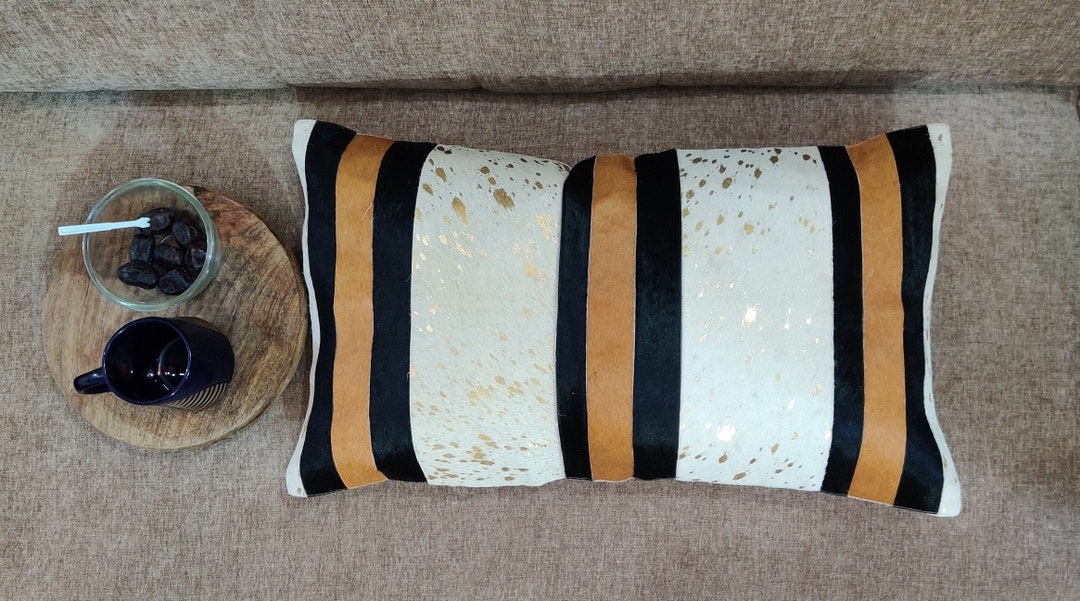 Royal Gold Metallic Cowhide Pillow With Tan & Black Handmade Etsy