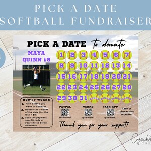 Pode incluir: Gráfico digital de arrecadação de fundos de softball com o texto "Escolha uma data" e um calendário de datas. Inclui uma foto de uma jogadora de softball, instruções e opções de pagamento. O texto "Arquivo digital editável" está no canto superior esquerdo.
