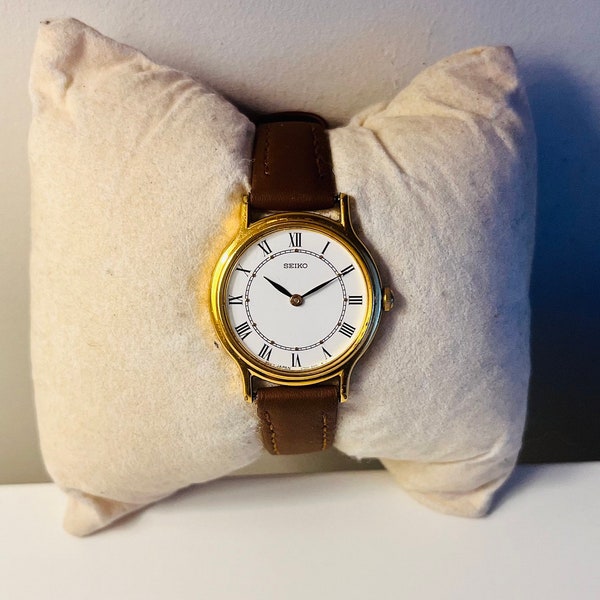 Vintage 1980s SEIKO Classic Quartz Ladies Gold Toned Dress Watch (WORKING, New Strap, Retro, Gift, Women, Gift for her)