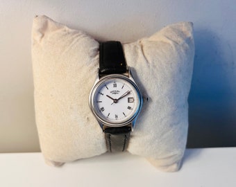 Vintage 1990s ROTARY Silver Tone Ladies Quartz Wristwatch (With Date Window). WORKING, Keeping time, great condition, gift.