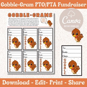Pode incluir: Uma folha de arrecadação de fundos Gobble-Gram imprimível com um desenho de peru de desenho animado. A folha inclui espaços para escrever "Para", "De" e "Turma". Os textos "Gobble-Grams" e "Baixar - Editar - Imprimir - Compartilhar" também são visíveis.
