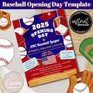 May include: A printable baseball opening day template with a red, white, and blue color scheme. The template features a baseball, a glove, and a baseball bat. The text on the template reads "2025 Opening Day" and "ABC Baseball League".