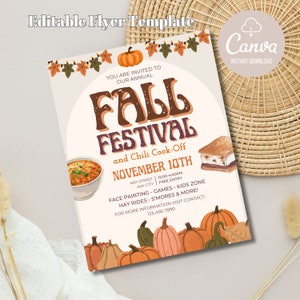 Może przedstawiać: Ulotka na Festiwal Jesienny i Konkurs Chili 10 listopada. Ulotka przedstawia świąteczny jesienny schemat kolorów z dyniami, liśćmi i s'more. Wydarzenie będzie obejmowało malowanie twarzy, gry, przejażdżki na wozach z sianem, s'mores i wiele więcej. Wydarzenie odbędzie się w ANY STREET, ANY CITY w godzinach od 12:00 do 16:00. Wstęp wolny.