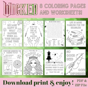 Wicked Coloring pages, Digital Printable, Glinda, Elphaba, Wicked Worksheets, Birthday Party, Activities, Wizard of Oz, Witch
