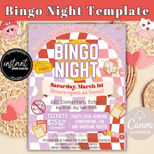 May include: A pink and purple printable bingo night flyer with a checkered background. The flyer advertises a bingo night event at ABC Elementary School on Saturday, March 1st at noon. The flyer includes information about ticket prices, local vendors, concessions, and prizes.
