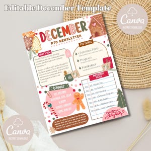 Boletín de diciembre, PTO, PTA, Información del aula, Plantilla editable de Canva, Personalizable, Boletín neutro, Moderno, Información para padres