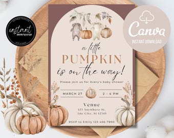Little Pumpkin Baby Shower Invitation, Baby Clothes Pumpkin Baby Shower Invite, Fall Baby Shower, Girl Baby Shower, Little Pumpkin, Canva