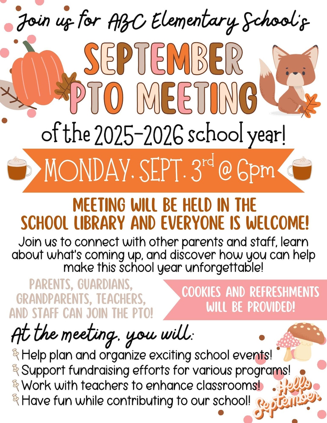 September PTO Meeting Flyer: Editable Fall Design (canva Template ...