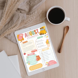 Puede incluir: Un bolet&iacute;n informativo de la PTO de agosto colorido con un autob&uacute;s escolar, una mochila y un l&aacute;piz. El bolet&iacute;n incluye informaci&oacute;n sobre eventos pr&oacute;ximos, recordatorios y un mensaje de bienvenida.