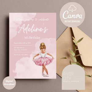 May include: Pink and white printable invitation with a ballerina illustration. The invitation says "Please join us to celebrate Adeline's 5th Birthday."  September 13th at 2PM, 123 Any Street, Any City, ST 12345, RSVP: 123-456-7890.