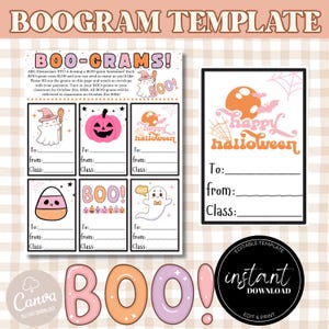 May include: A Halloween-themed template with the text "BOO-GRAMS!" and various designs, including a ghost, pumpkin, and candy corn. The template includes fields for "To:" "from:" and "Class:" and is available for instant download.