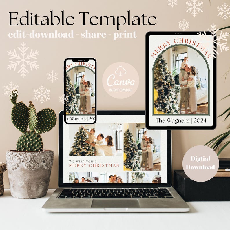 Editable Christmas Card Template, DIY Holiday Card, Canva, Digital ...