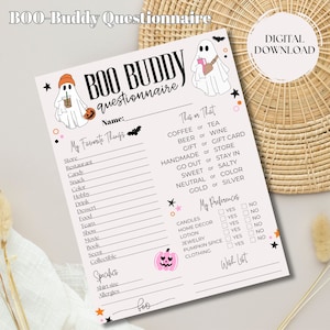 May include: A printable Halloween-themed questionnaire with a ghost illustration. The questionnaire asks for personal preferences, including favorite things, this or that choices, and a wish list. The text includes "BOO-Buddy Questionnaire", "BOO BUDDY questionnaire", "My Favorite Things", "This or That", "My Preferences", and "Wish List".