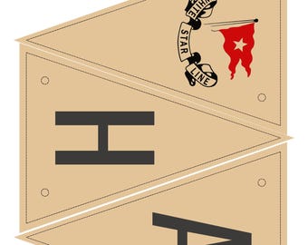 Peut inclure: Guirlande triangulaire beige avec le texte noir "H A". La bannière supérieure présente un logo White Star Line avec un drapeau rouge. Le texte en haut indique "TITANIC BIRTHDAY BUNTING".