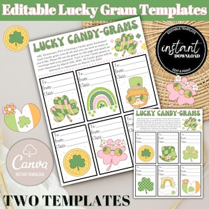 May include: Printable template for lucky candy grams. The template features a green shamrock, rainbow, and a leprechaun with a green hat. The text on the template reads "Lucky Candy-Grams".