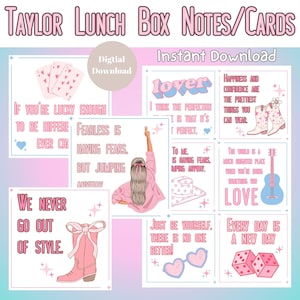 Tarjetas temáticas con citas de Taylor, notas para loncheras, obsequios de fiesta, imprimibles, descarga instantánea, PDF, obsequio de Swiftie, decoración de fiesta de cumpleaños, Swift