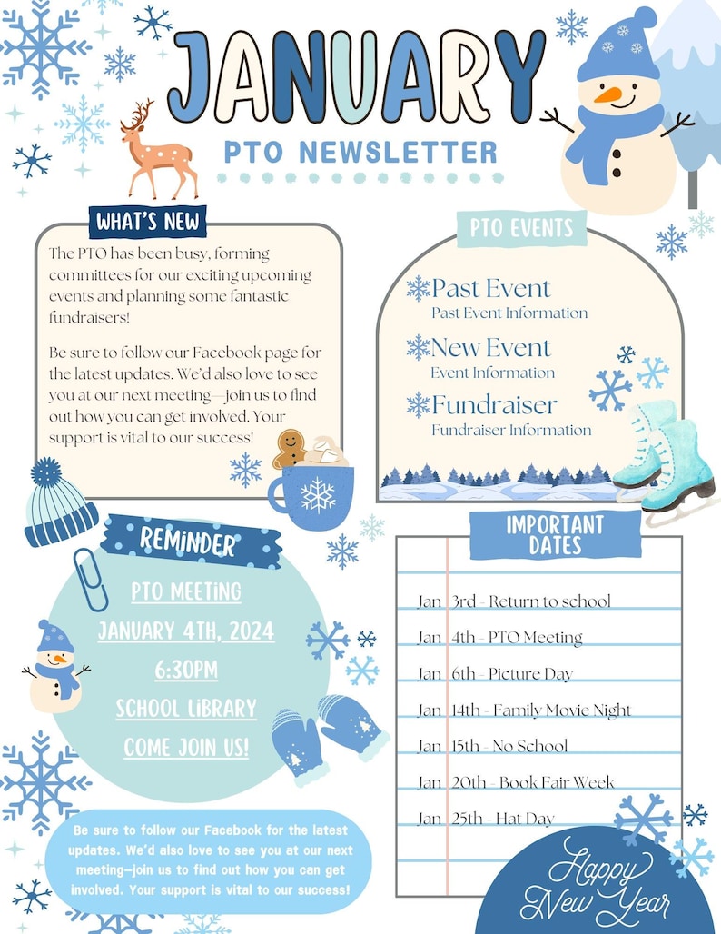Puede incluir: Un folleto ilustrado azul y blanco para el bolet&iacute;n informativo de la Asociaci&oacute;n de Padres de Familia (APF) de una escuela para enero. El folleto incluye un mu&ntilde;eco de nieve, un ciervo y copos de nieve. El folleto enumera los pr&oacute;ximos eventos, incluida una reuni&oacute;n de la APF el 4 de enero de 2024 a las 6:30 PM en la biblioteca de la escuela. El folleto tambi&eacute;n incluye una lista de fechas importantes para el mes de enero.