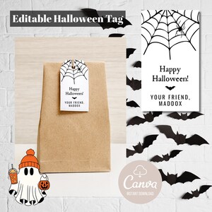 May include: Editable Halloween tag with a spider web design and the text "Happy Halloween!" and "Your Friend, Maddox". The tag is on a brown paper bag with a ghost illustration holding a pumpkin and a cup of coffee.