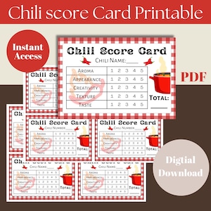 May include: Printable chili score card with a red and white checkered background. The card has a red chili pepper and a red pot with steam coming out of it. The card has sections for aroma, appearance, creativity, texture, and taste. Each section has a scale of 1 to 5. There is a space for the chili name or number and a space for the total score.