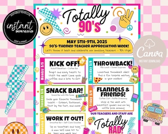 90s Teacher week, Teacher Appreciation, Editable Canva Design (Digital Download, 8.5x11" )