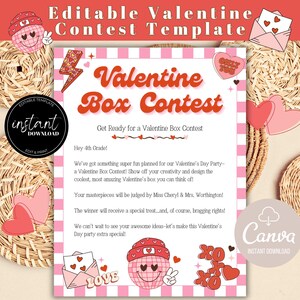 May include: Editable Valentine's Day Box Contest template with a pink and white checkered background. The text "Valentine Box Contest" is in red and white letters with a lightning bolt and hearts. The text "Get Ready for a Valentine Box Contest" is in black letters. The text "Hey 4th Grade!" is in black letters. The text "We've got something super fun planned for our Valentine's Day Party- a Valentine Box Contest! Show off your creativity and design the coolest, most amazing Valentine's box you can think of!" is in black letters. The text "Your masterpieces will be judged by Miss Cheryl & Mrs. Worthington!" is in black letters. The text "The winner will receive a special treat...and, of course, bragging rights!" is in black letters. The text "We can't wait to see your awesome ideas-let's make this Valentine's Day party extra special!" is in black letters. The text "Canva" is in white letters on a red background. The text "INSTANT DOWNLOAD" is in white letters on a red background.