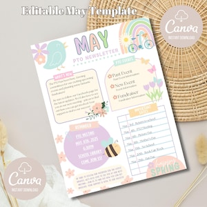 Boletín de mayo, Noticias de la PTO, PTA, Aula de maestros, Boletín personalizado, Información de la clase, Plantilla de Canva, Imprimible, Información para padres
