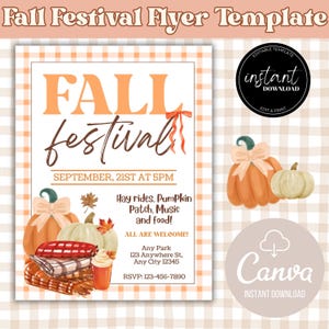May include: A fall festival flyer template with orange and brown text and graphics. The flyer includes the words "FALL festival" and details for an event on September 21st at 5 PM. Graphics include pumpkins, leaves, and a blanket.