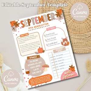 May include: A printable September PTO newsletter template with a fall theme. The template features a fox, pumpkin, mushrooms, and coffee cups. It includes sections for what's new, PTO events, and important dates. The text says "September PTO Newsletter" and "Hello September".