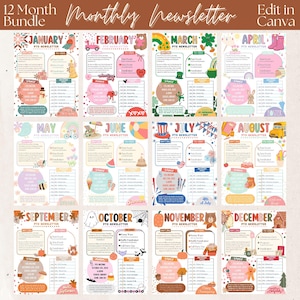 Puede incluir: Un conjunto de 12 plantillas de boletines mensuales imprimibles con ilustraciones lindas y un dise&ntilde;o colorido. Cada plantilla incluye secciones para "Novedades", "Fechas importantes", "Eventos divertidos", "Nuevas caras", "Recaudaciones de fondos" y "Gracias".