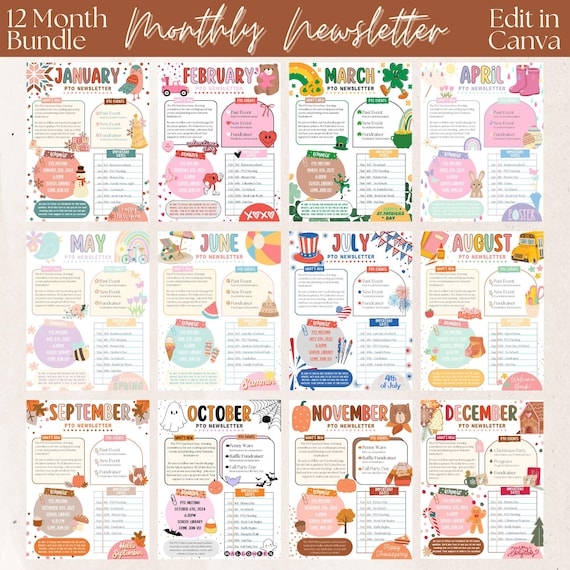 12 month newsletter, pto information, pta flyer, classroom printable, digitable download, canva template, instant access, fully customizable