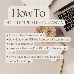 Puede incluir: Un fondo blanco con texto marr&oacute;n que dice "How To EDIT TEMPLATES IN CANVA". Debajo del texto hay cinco vi&ntilde;etas con instrucciones sobre c&oacute;mo editar plantillas en Canva. Las instrucciones incluyen crear una cuenta gratuita de Canva, descargar un archivo PDF de Etsy, editar las plantillas, guardar el archivo como JPG, PDF o PNG, y ponerse en contacto con la tienda si tiene alguna pregunta.