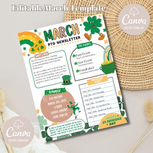 May include: A colorful March PTO newsletter template with a St. Patrick's Day theme. The design includes a rainbow, pot of gold, leprechaun, and shamrocks. The text includes event reminders and important dates. The Canva logo is visible.