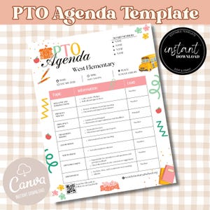 Op de afbeelding: Een PTO-agendatemplate met een schoolthema. Het document heeft een roze en wit kleurenschema, met een schoolbusafbeelding en de woorden "Direct downloaden". De agenda bevat secties voor onderwerpen, informatie en leads.