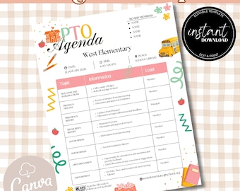 Peut inclure: Un modèle de feuille de route de l'association de parents d'élèves (PTO) sur le thème de l'école. Le document présente une palette de couleurs rose et blanche, avec un graphisme de bus scolaire et les mots "Téléchargement instantané".