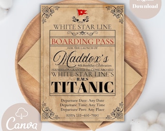 Titanic Birthday Invitation, Boat Birthday, Editable Digital Template, Canva, Digital Download, Customizable Invite, Boarding Pass