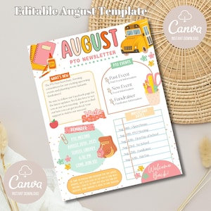 May include: A colourful printable newsletter template for a Parent Teacher Association (PTA) with the title "August PTA Newsletter". The newsletter includes sections for "What's New", "PTA Events", and "Important Dates". The design features a school bus, a pencil, a backpack, and other school-themed illustrations.