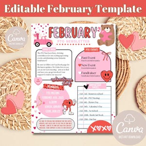 Boletín de febrero, PTO, PTA, Información del aula, Plantilla Canva, Editable, Personalizar, Noticias, Información para el docente, Día de San Valentín